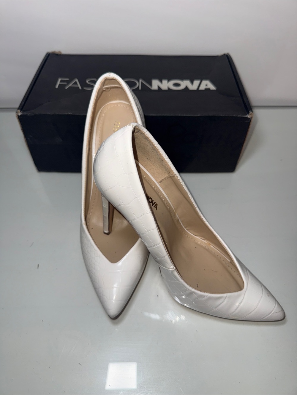 Fashion Nova White Croc-Texture Pointed Toe Stilettos